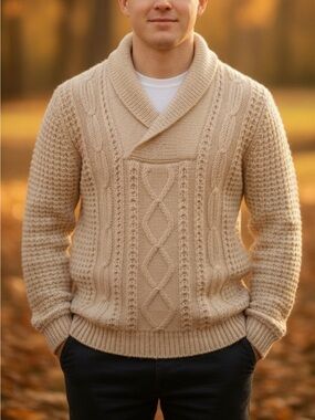 Falcarragh Shawl Collar Cable Knit Sweater - Cream all Irish wool **READ**